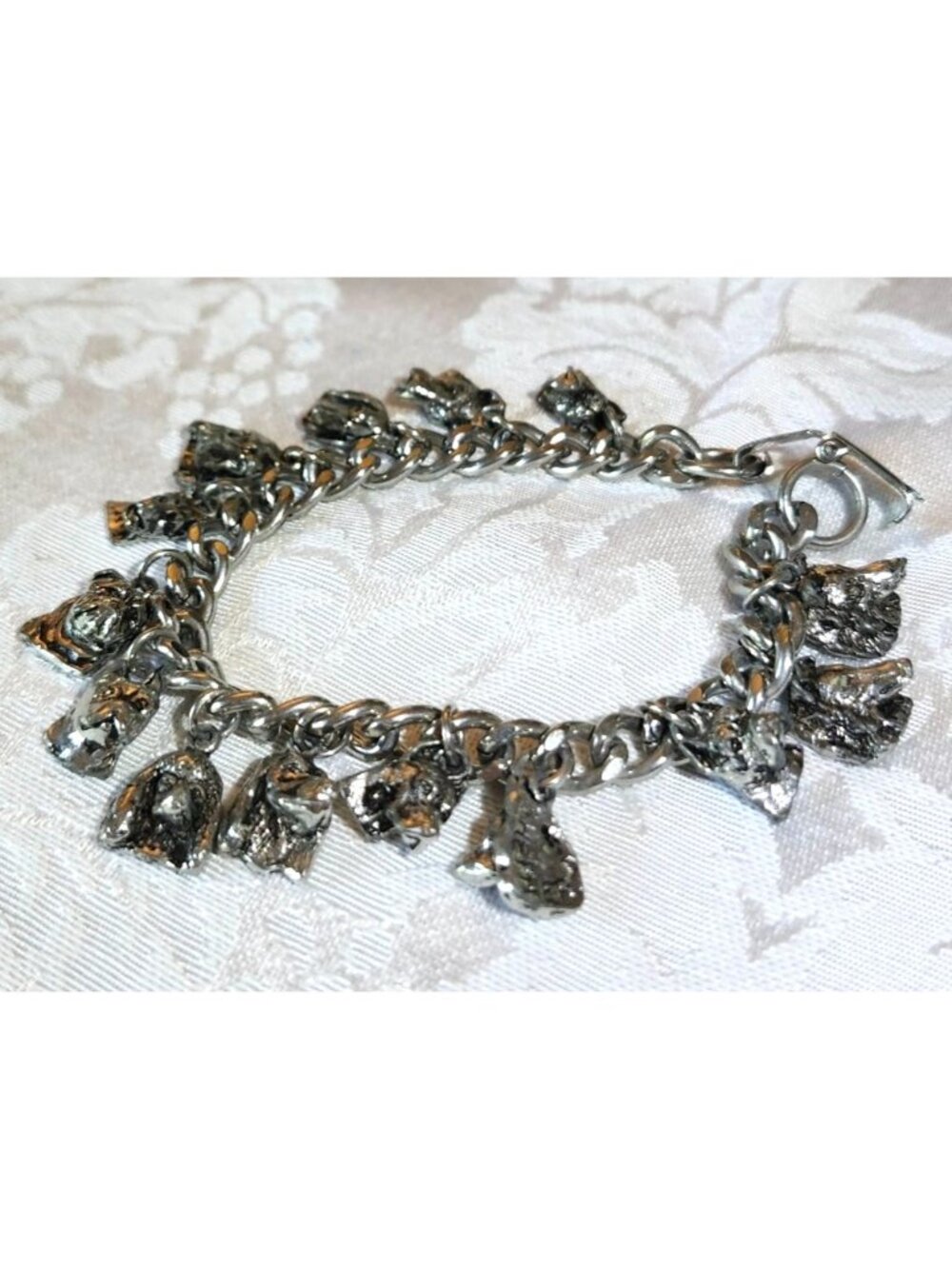Vintage Silver Tone Dog Charm Bracelet  Various Dog Breed Heads Chain Link Desig